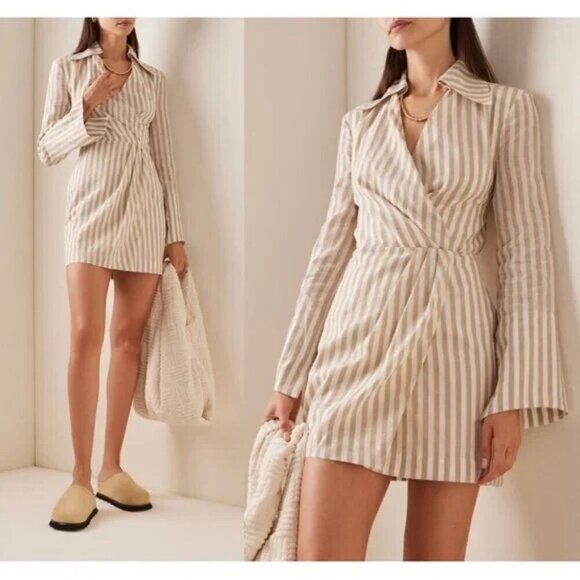 Nanushka Dresses & Skirts - Nanushka Esma Striped Mini Wrap Dress Beige White Cotton Linen